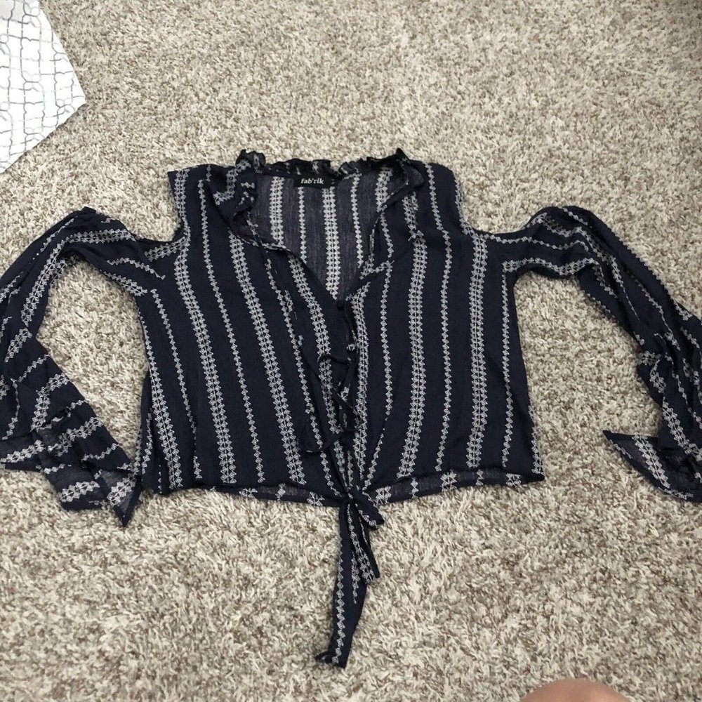 Fab’ Rik long sleeve cold shoulder tie waist blouse top Bell Sleeve Size Large - Picture 10 of 10